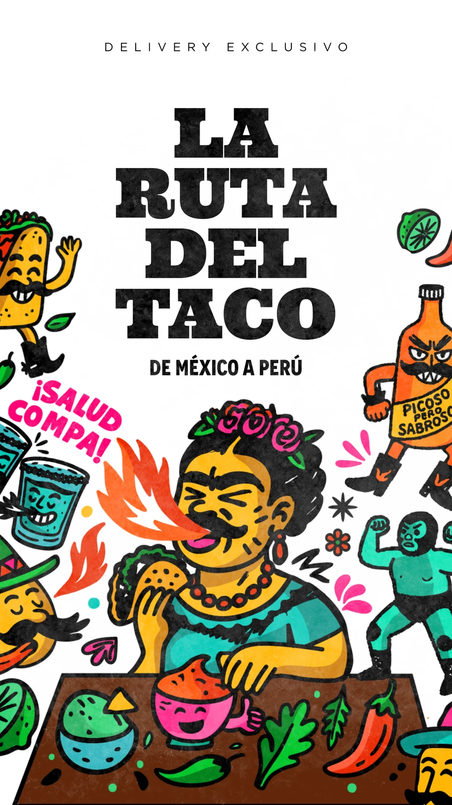 Ilustración de la portada La Ruta del Taco: una mujer escupiendo fuego rodeada de tacos, salsas y botellas